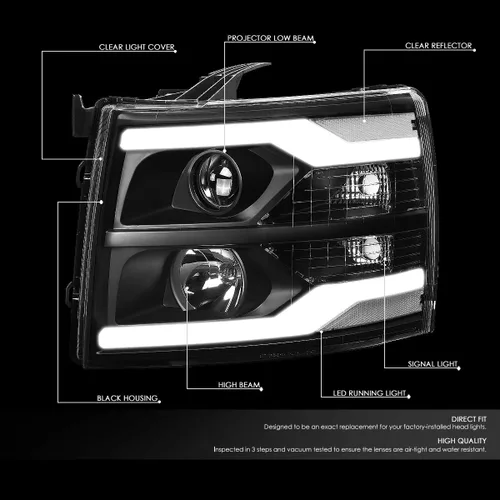 Vista 2 de DNA MOTORING HL-HPL-CSIL07-G2-BK-CL1 - Faro delantero de proyector DRL de doble LED compatible con Chevy Silverado 2007-2014, negro/transparente