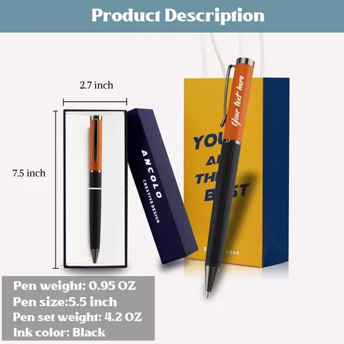 Vista 5 de Ancolo Bolígrafos de lujo personalizados con caja de regalo, 2 recambios de tinta negra, graba con tu mensaje, nombres, número de teléfono, regalo