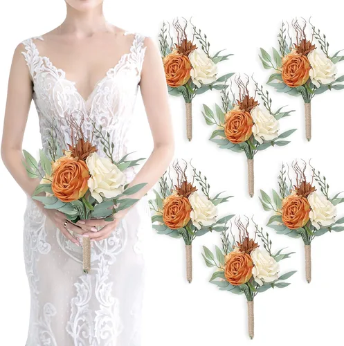 Vista 31 de Ramo de dama de honor artificial para boda, ramo de flores de seda prefabricadas de 7 pulgadas, ramo de flores pequeñas para dama de honor