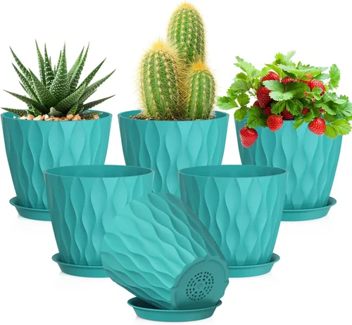 Vista 7 de Meowell Macetas pequeñas de plástico de 4 pulgadas, macetas de plántulas, juego de 5 macetas de ondas de agua para plantas de interior, macetas