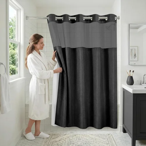 Vista 5 de Americanflat 72x75 cortina de ducha sin gancho con patrón de gofres - Cortina de ducha larga resistente al agua con panel transparente, forro