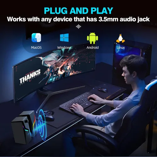 Vista 6 de Altavoces de computadora, altavoces de PC para escritorio con 6 modos de iluminación, accesorios para juegos de PC, altavoces de computadora