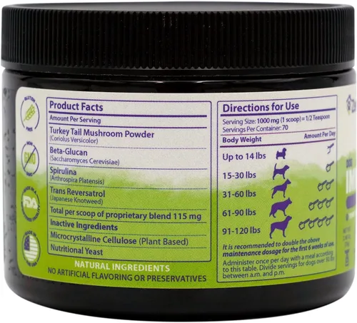 Vista 2 de Polvo de apoyo inmunológico para perros, cola de pavo, espirulina y beta-glucano, apoya un sistema inmunológico saludable y digestión, grado humano