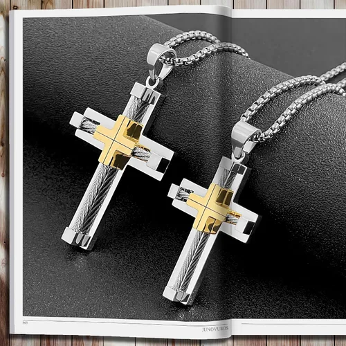 Vista 3 de JUNOVUROS Juego de collar de cruz para hombre grande y pequeño con 5 cadenas Rolo y 1 pulsera cubana, regalo de joyería religiosa con cruz