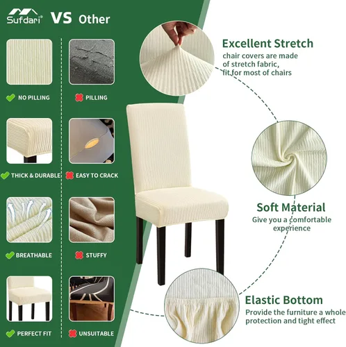 Vista 4 de Sufdari Juego de 4 fundas para sillas de comedor, color beige, antideslizantes, de elastano, elásticas, para comedor, hotel (Grande)