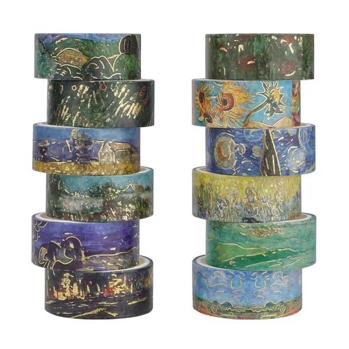 Vista 8 de Lychii Juego de Cinta Washi, 12 Rollos de Cinta Adhesiva de Oro con Patrones de Pintura al Óleo de Van Gogh de 5M/16.4Pies de Largo, Cintas art