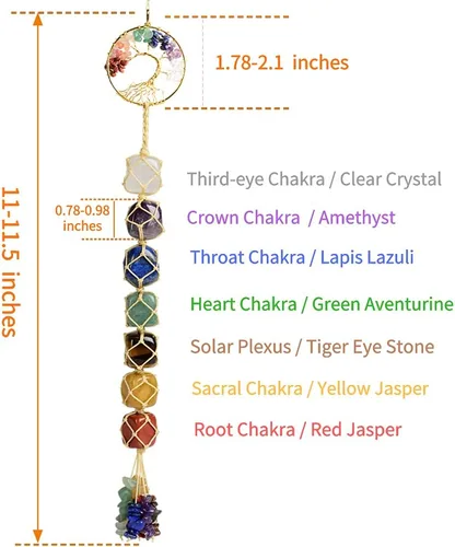 Vista 2 de Árbol de la vida hecho a mano con 7 piedras de chakras, cristales curativos, adorno colgante para decoración del hogar