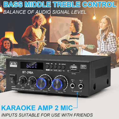 Vista 11 de Romica Amplificador de audio estéreo, 2 canales 450W+450W Bluetooth 5.0 amplificador de potencia de cine en casa con radio FM, USB, SD, entradas