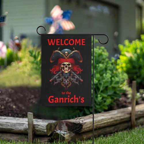 Vista 6 de Bandera de pirata de bienvenida personalizada con tu nombre, bandera de jardín de 12 x 18 pulgadas, bandera náutica de barco de doble cara, regalos