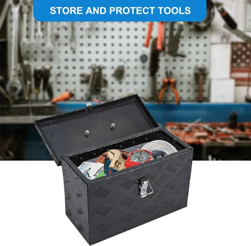 Vista 7 de Caja de herramientas de aluminio negro resistente de 16 x 7.5 x 10 pulgadas con cerraduras y llave de cierre con mango en T, caja de herramientas