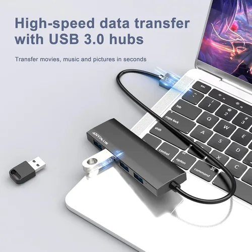 Vista 4 de Concentrador USB, concentrador USB 3.0 de aleación de aluminio ultra delgado divisor USB, extensor USB portátil de 4 puertos, concentrador USB