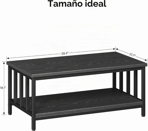 Vista 3 de Mesa de centro para sala de estar con marco de listones laterales, moderna mesa de sala de estar de granja con estante de almacenamiento de 2