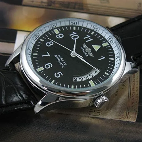 Vista 3 de VIGOROSO Reloj deportivo de cuerda automática de cuero negro para hombre, Negro -, Reloj de cuerda automática