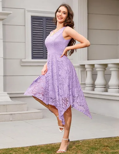 Vista 5 de Meetjen - Vestido de encaje floral para mujer, clásico, acampanado, con dobladillo, formal, para cóctel