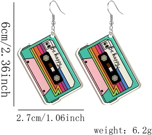 Vista 2 de Aretes de cinta retro de moda para fiesta de los años 80, para mujer, punk, retro, cassette, aplastamiento, colorido, colgante, fiesta, club