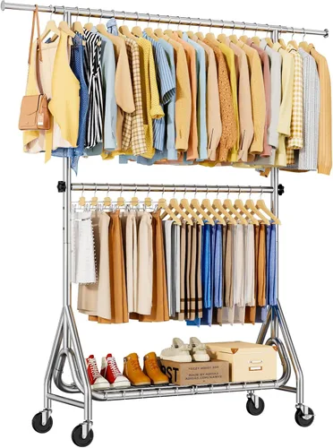 Vista 13 de Perchero resistente para colgar ropa, estante para ropa con dobles varillas y ruedas bloqueables, perchereros enrollables de metal resistentes