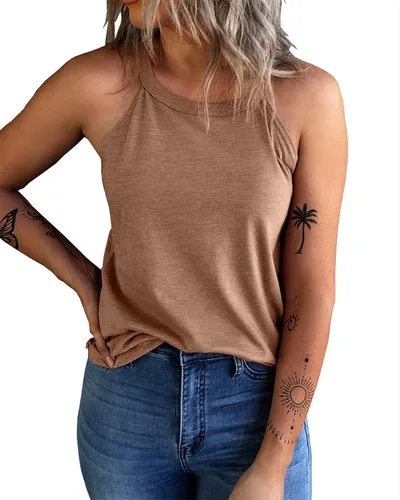 Vista 14 de KINLONSAIR - Camisetas sin mangas de verano para mujer con cuello redondo, estilo halter, para entrenamiento, casual, de tirantes, básicas A16_salmón