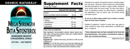 Vista 4 de Source Naturals Mega Strength Beta Sitosterol, de origen vegetal, 375 mg - 240 tabletas