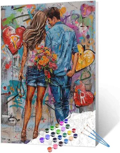 Vista 18 de Kits de pintura romántica por números para parejas con pinceles y pigmento acrílico sobre lienzo para adultos, niños y niñas bajo un paraguas