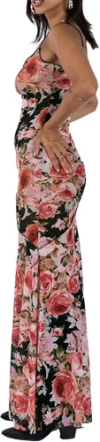 Vista 6 de Vestido largo sin espalda con tirantes delgados para mujer, vestido largo Y2K con correa de encaje de satén, teñido anudado, vestido bodycon sexy