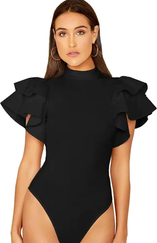 Vista 2 de SOLY HUX Women's Mock Neck Ruffle Butterfly Sleeve Skinny Bodysuit