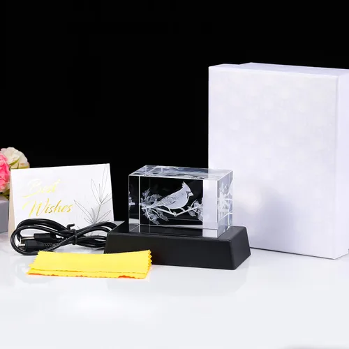 Vista 4 de YWHL Regalos de cardenal de cristal para mujeres y hombres: Figurina decorativa cardenal rojo grabada en 3D con láser, luz nocturna, regalos