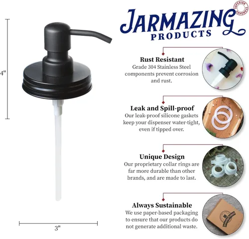 Vista 2 de Jarmazing Products Tapas dispensadoras de jabón para tarros de masón negro, paquete de un paquete, para todos los frascos de conservas de boca Acero