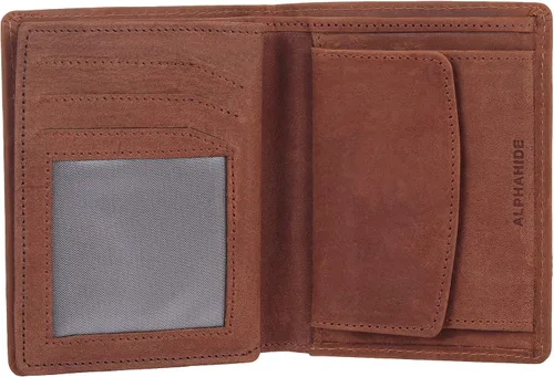 Vista 9 de AlphaHide - Cartera con bloqueo RFID para hombre diseño vertical de doble cara bolsillo para monedas 2 ventanas de identificación