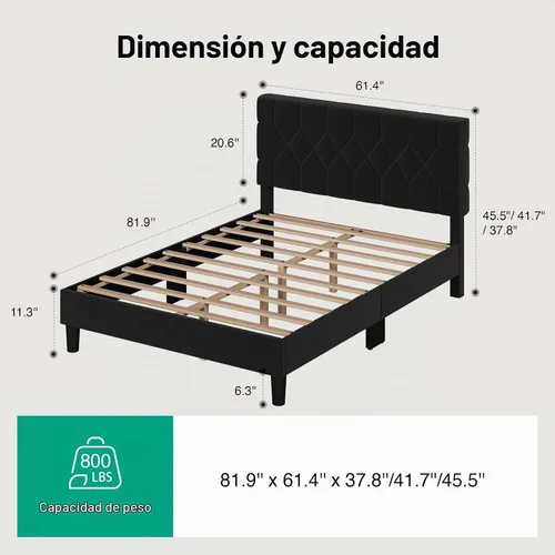 Vista 2 de Novilla - Base de cama Queen con cabecero, base de cama tamaño Queen con soporte de listones de madera, cabecero tapizado de terciopelo con puntos