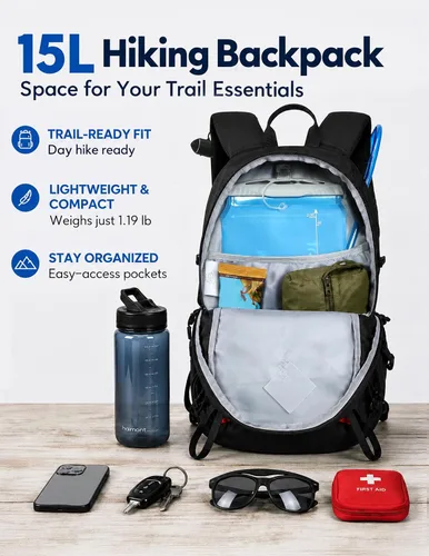Vista 3 de Haimont Mochila de senderismo ligera de 15 L, color negro