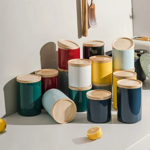 Vista 6 de Sweejar Kitchen Canisters - Tarro de cerámica para almacenamiento de alimentos, recipientes apilables con tapa de madera de cierre hermético