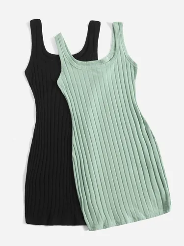 Vista 2 de SHENHE Vestido básico de 2 piezas para mujer, sin mangas, acanalado, con cuello redondo, mini vestido ajustado