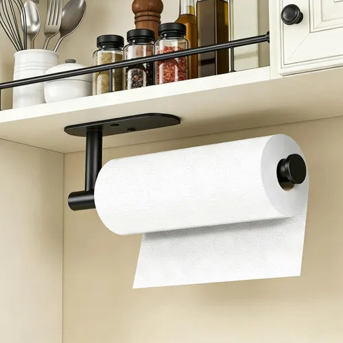 Vista 3 de HUFEEOH Soporte adhesivo para toallas de papel debajo del gabinete, soporte de pared para toalla de papel de cocina, toallero de papel de acero Negro