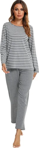 Vista 2 de Pijamas de algodón para mujer, ropa de dormir de manga larga con pantalones, suave y cómoda a rayas, conjunto de pijama para mujer