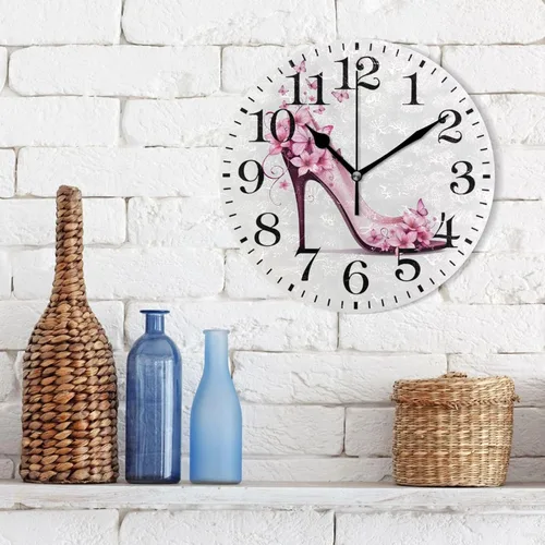 Vista 3 de ALAZA Zapatos de decoración del hogar en tacón alto con mariposa redonda de acrílico 9.84 pulgadas, reloj de pared sin tictac, arte silencioso