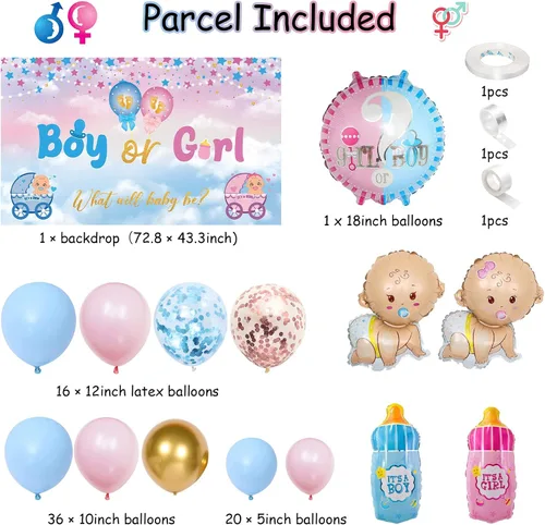 Vista 2 de Decoraciones de revelación de género, kit de arco de guirnalda de globos azul pastel y rosa con texto en inglés "What do You Think", globos de papel