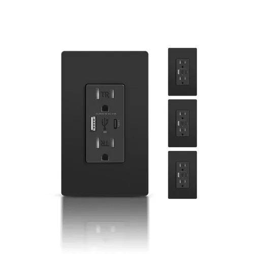 Vista 8 de TOPELER Toma de pared USB, receptáculo de cargador USB de 4.8 A con puertos tipo A y tipo C, enchufe dúplex de 15 amperios resistente a