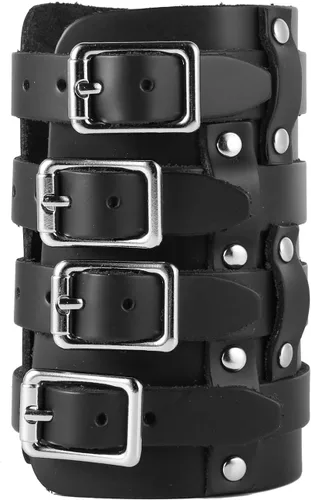 Vista 5 de HZMAN Brazalete ancho de cuero para hombre con correa triple y hebilla de cierre de armadura para brazo, 4 filas