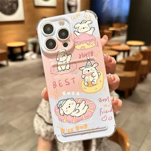Vista 3 de Roemary Funda de cachorro para iPhone 13 con tarjetero, funda de pastel para niñas y mujeres Cachorro de pastel beige