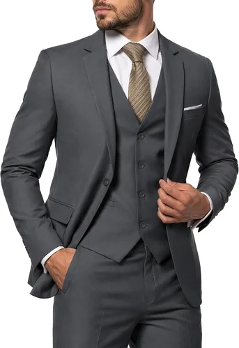 Vista 15 de MY'S Conjunto de traje de 3 piezas para hombre con corbata, chaqueta ajustada de un botón, chaleco y pantalones, blazer para fiestas, bodas, bailes