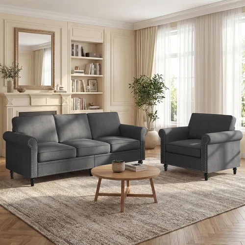 Vista 9 de Mjkone Juego de 2 Piezas para Sala de Estar, Sofá Seccional, Juego de Sofá y Silla, Sofá Moderno de Lino con Marco de Madera y Patas