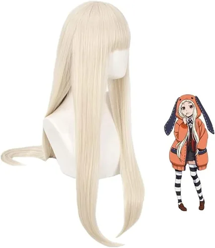 Vista 2 de Grubify Anime Cosplay Wig Kakegurui Wig Women Milk Gold Bangs Long Straight Hair for Yomozuki Runa Role Play Wigs + Wig Cap for Party Halloween