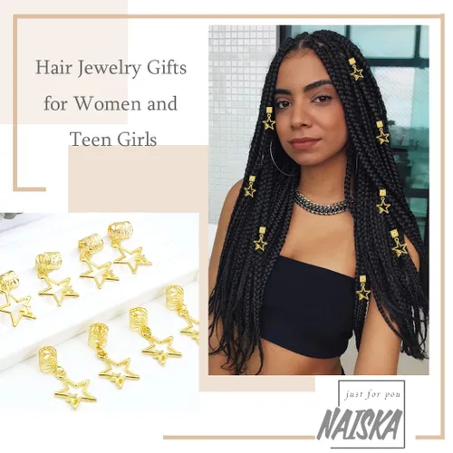 Vista 4 de NAISKA 10 clips de trenza de estrella dorada, accesorios para rastas, cuentas trenzadas de cinco puntas, pinzas para el cabello, accesorios