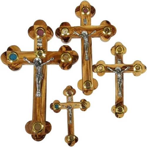 Vista 3 de Cruz de pared de madera de olivo con crucifijo católico de Jerusalén