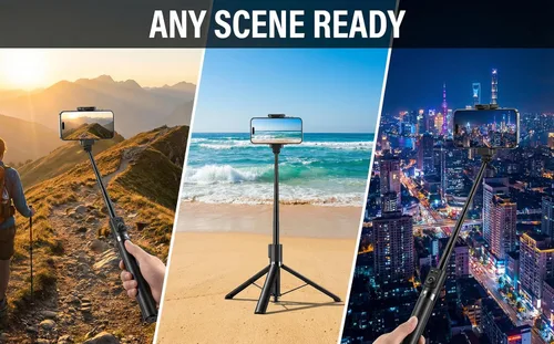 Vista 6 de Trípode selfie stick de 70 pulgadas para iPhone/Android, trípode extensible para teléfono con luz de relleno, control remoto Bluetooth de 32.8 ft