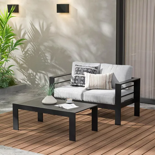 Vista 3 de Wisteria Lane Mesa de centro de aluminio para exteriores, mesa de centro de metal para todo tipo de clima, mesa de centro rectangular moderna