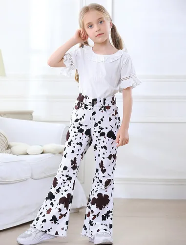Vista 5 de Pantalones vaqueros acampanados para niñas de 3 a 14 años con bandera americana, pantalones acampanados de mezclilla elásticos de cintura alta