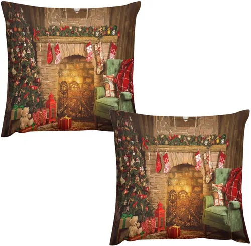 Vista 12 de Juego de 2 fundas de almohada de Navidad, decoración rústica de árbol de Navidad, fundas de sofá festivas, sofá, dormitorio, hogar