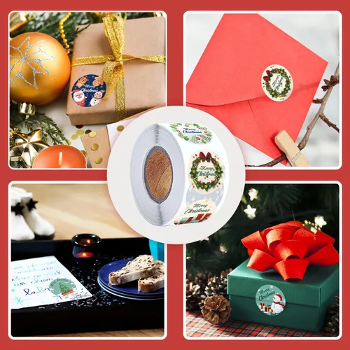 Vista 4 de 600 piezas de pegatinas para sobres de Navidad, pegatinas redondas de 3.8 cm de Navidad Feliz, 8 diseños de invierno de Navidad, pegatinas