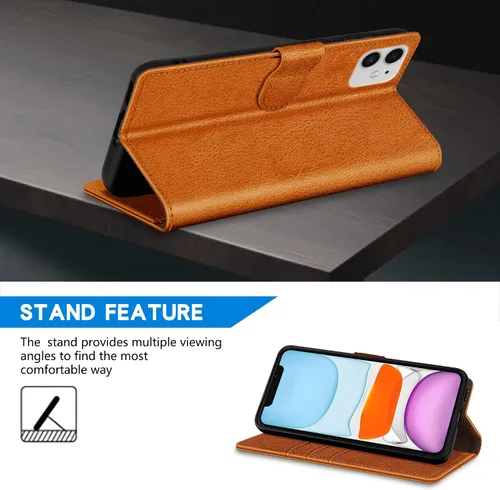 Vista 5 de ZZXX Funda tipo cartera para iPhone 11 con bloqueo RFID, ranura para tarjetas, función atril, cierre magnético, funda protectora de cuero para Marrón